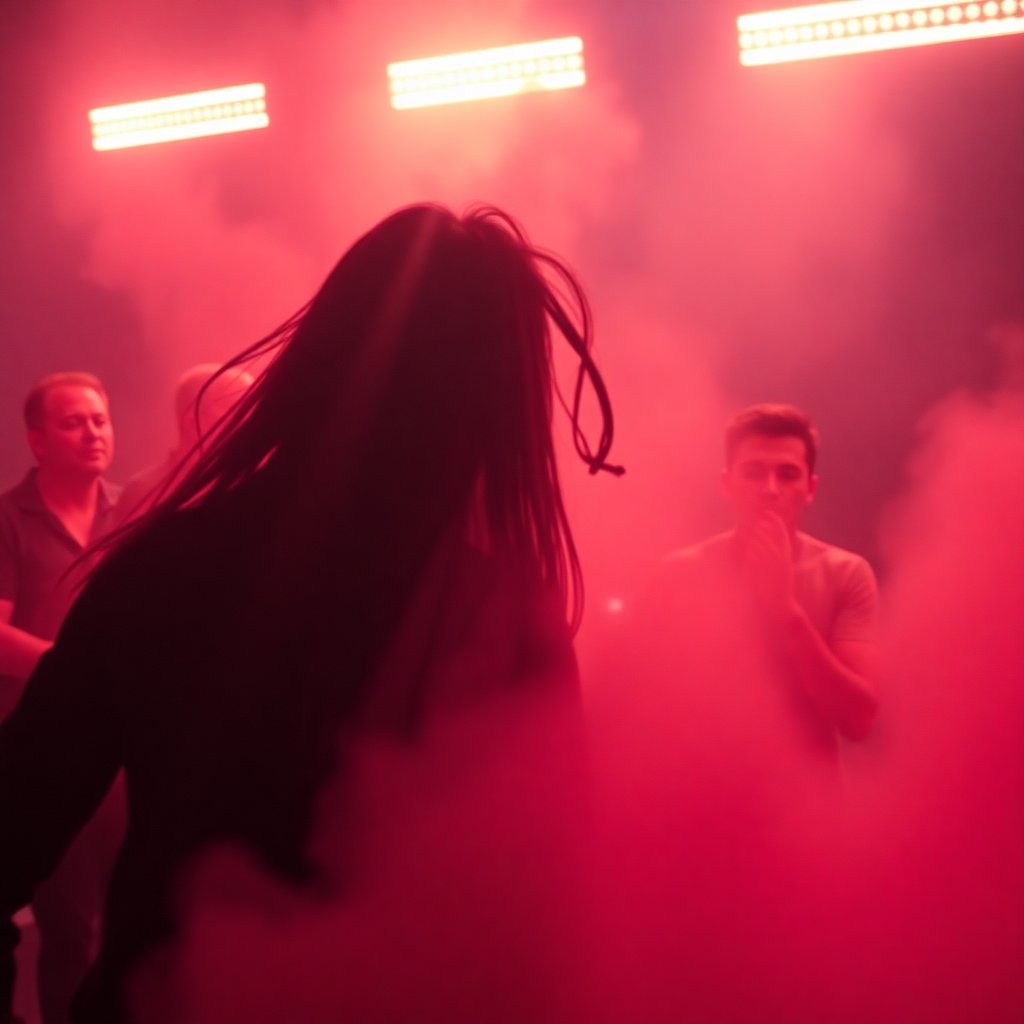 Dynamic music video scene, artistic lighting, smoke and motion, neon colors, cinematic composition, 16:9