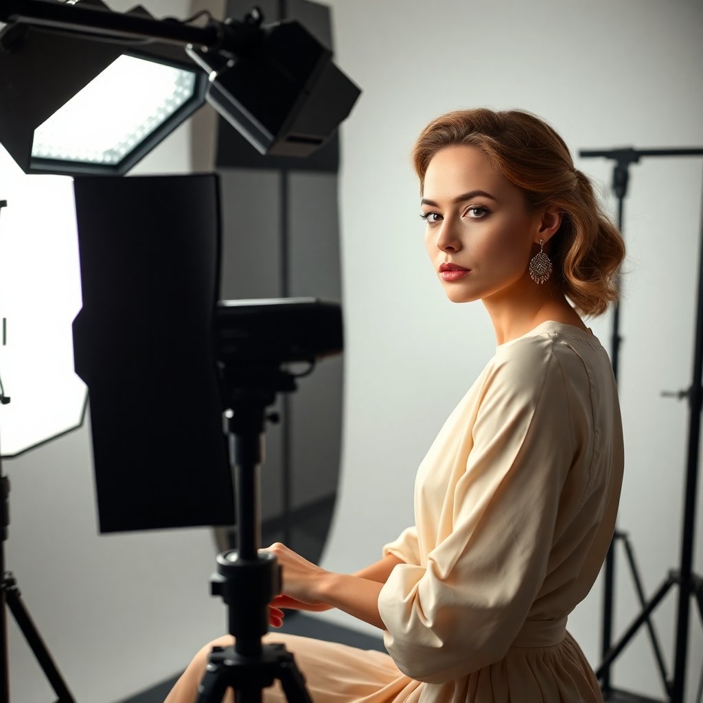 Professional fashion photography session, studio lighting, high-end editorial style, elegant model, 16:9