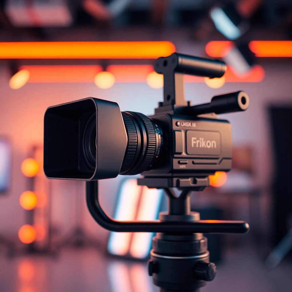 Close-up professional cinema camera on a gimbal, blurred creative studio background with neon orange and blue lights, high-end production gear, cinematic lighting, 4:5 aspect ratio